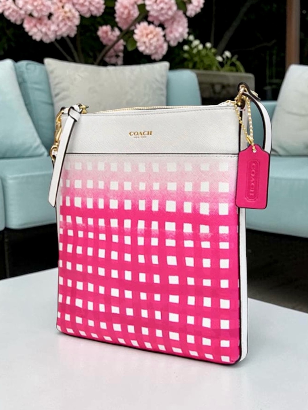 New! COACH Pink Ruby Ombre Gingham Saffiano Leather Swingpack Crossbody (NWT) - Picture 3 of 9